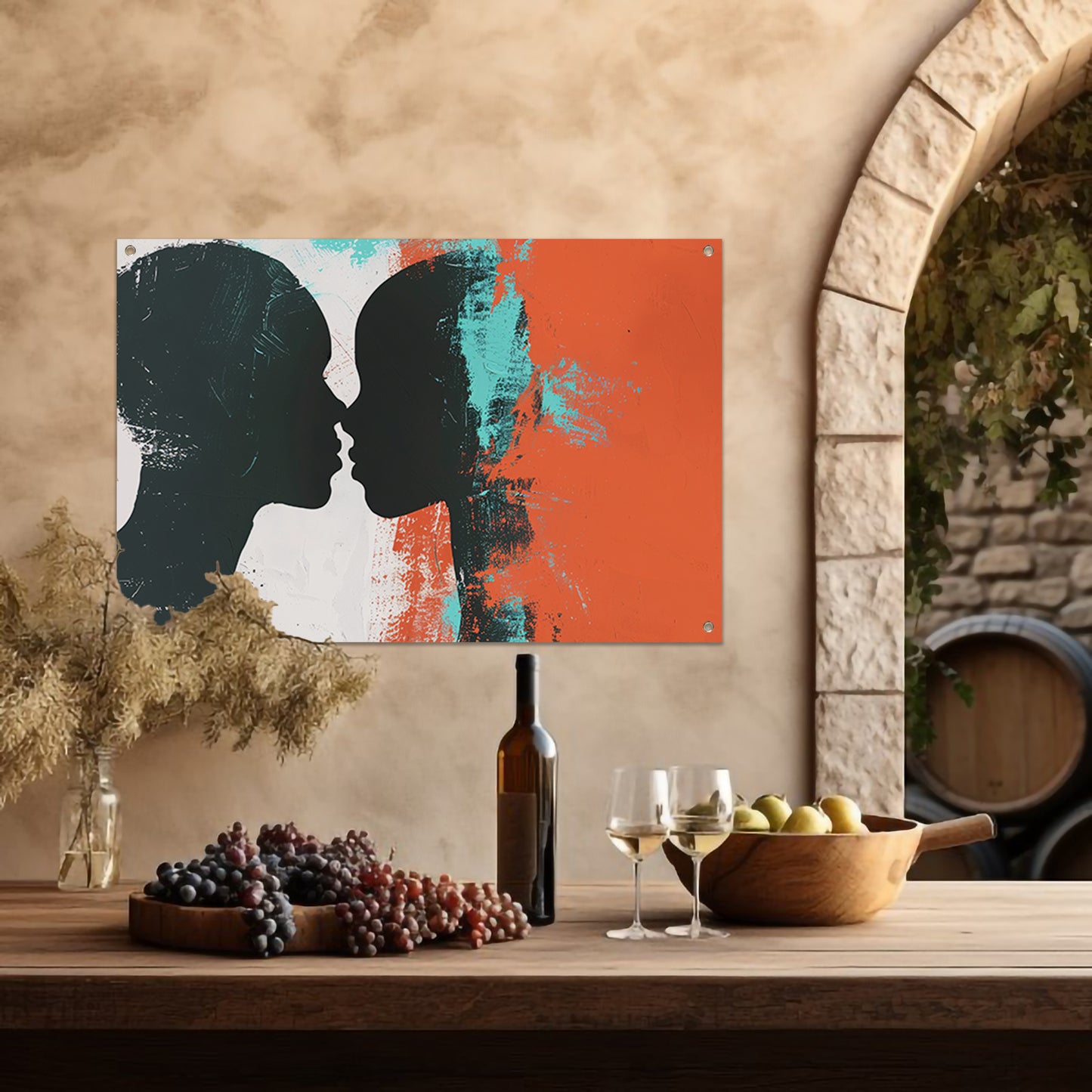 Abstracte silhouetten van een koppel in kleur tuinposter