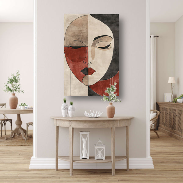 Abstract Vrouwengezicht in Sepia en Rood canvas met baklijst