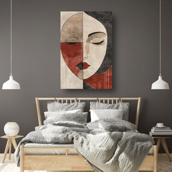 Abstract Vrouwengezicht in Sepia en Rood canvas met baklijst