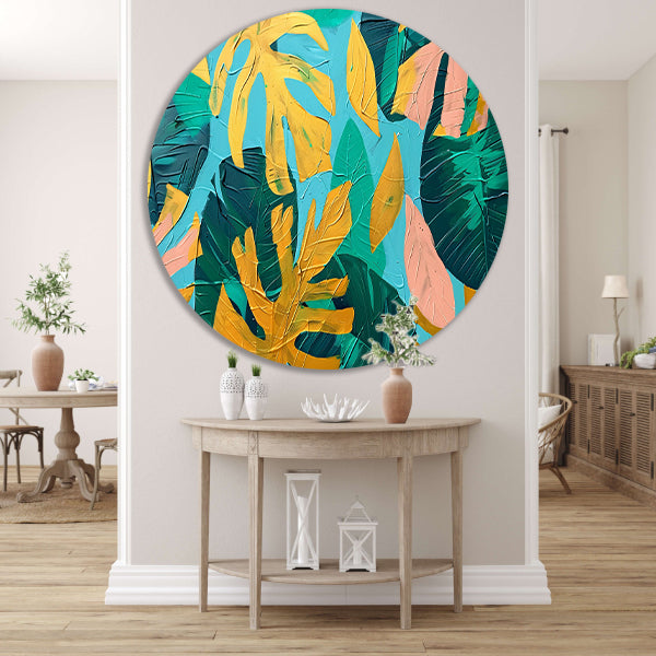 Abstract schilderij met kleurrijke tropische bladeren aluminium muurcirkel