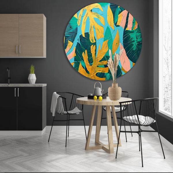 Abstract schilderij met kleurrijke tropische bladeren aluminium muurcirkel