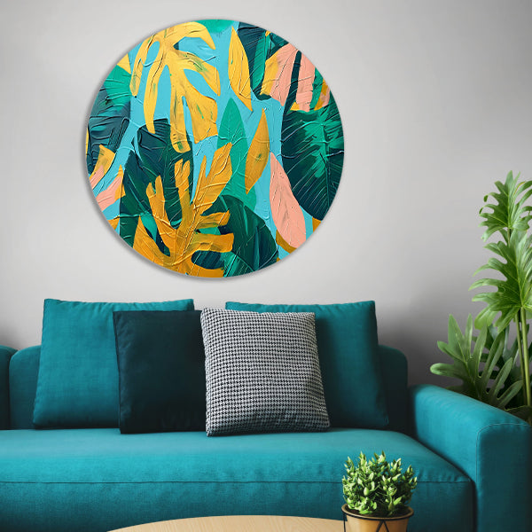 Abstract schilderij met kleurrijke tropische bladeren aluminium muurcirkel
