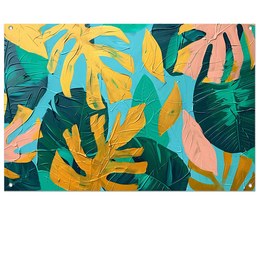 Abstract schilderij met kleurrijke tropische bladeren tuinposter