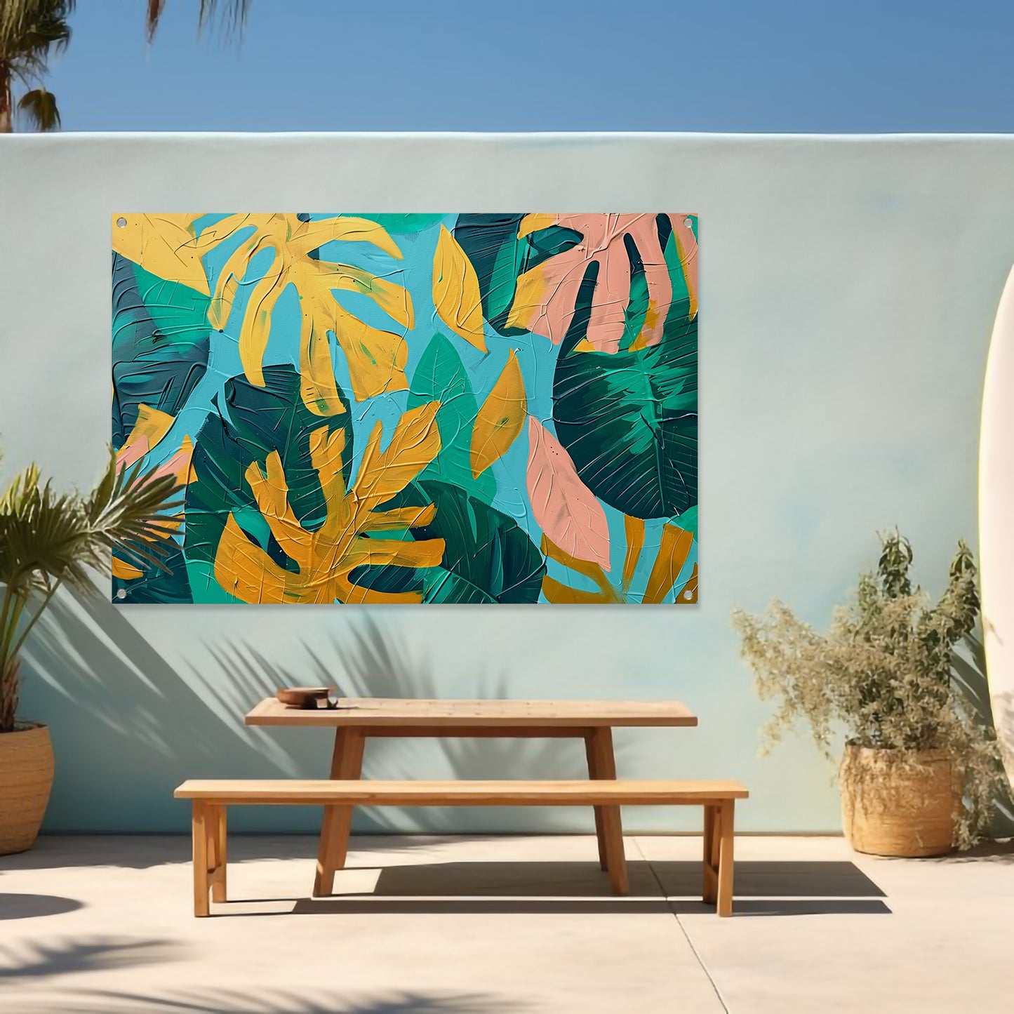 Abstract schilderij met kleurrijke tropische bladeren tuinposter