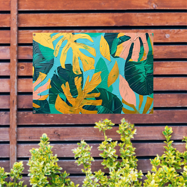 Abstract schilderij met kleurrijke tropische bladeren tuinposter