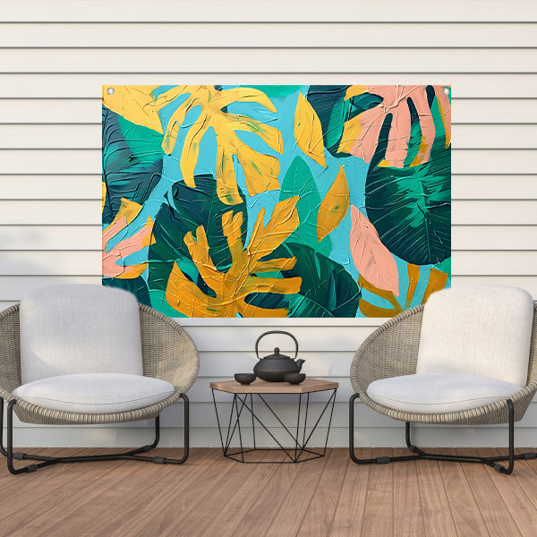 Abstract schilderij met kleurrijke tropische bladeren tuinposter