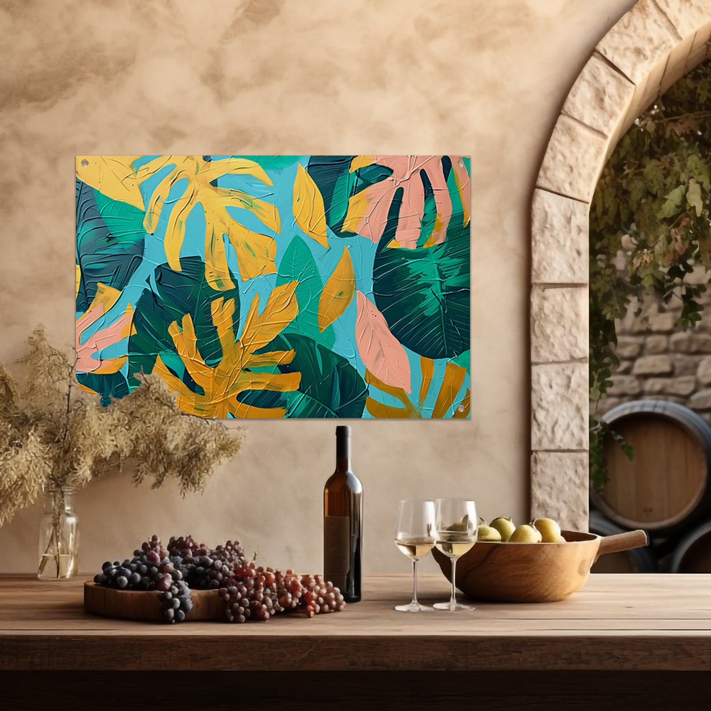 Abstract schilderij met kleurrijke tropische bladeren tuinposter