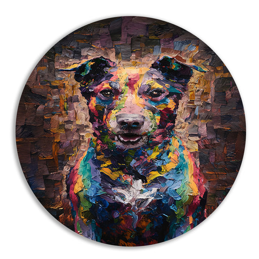 Expressieve kleurrijke hond in moderne kunst aluminium muurcirkel