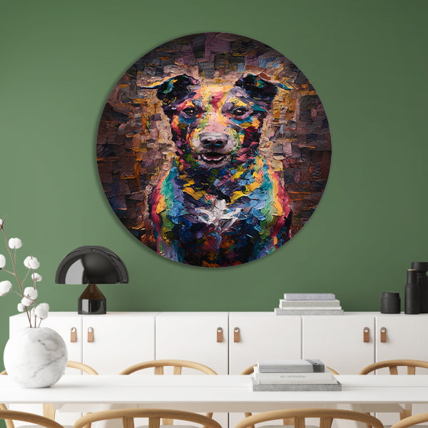 Expressieve kleurrijke hond in moderne kunst aluminium muurcirkel