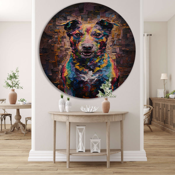 Expressieve kleurrijke hond in moderne kunst aluminium muurcirkel