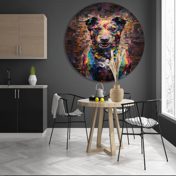 Expressieve kleurrijke hond in moderne kunst aluminium muurcirkel