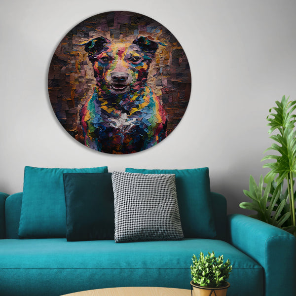 Expressieve kleurrijke hond in moderne kunst aluminium muurcirkel