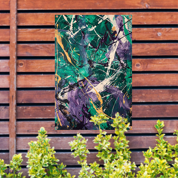 Kleurrijk abstract schilderij met dynamische lijnen tuinposter