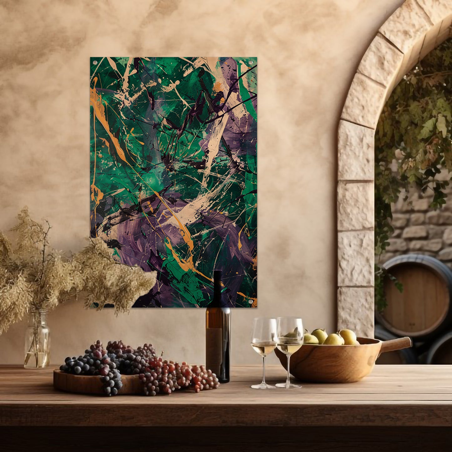 Kleurrijk abstract schilderij met dynamische lijnen tuinposter