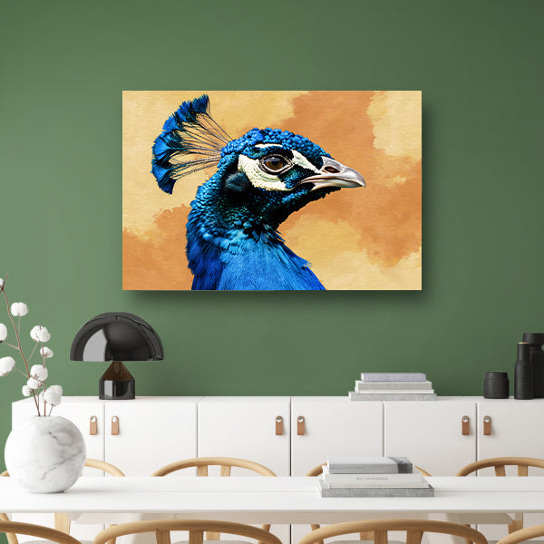 Gedetailleerde kleurrijke afbeelding van een pauw canvas met baklijst