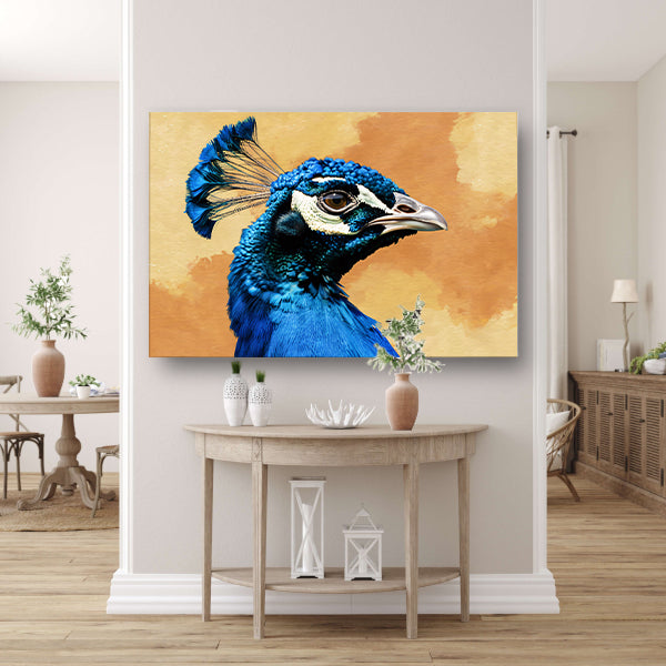 Gedetailleerde kleurrijke afbeelding van een pauw canvas met baklijst