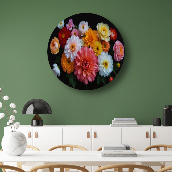 Diverse Kleurrijke Bloemen op Donkere Achtergrond aluminium muurcirkel