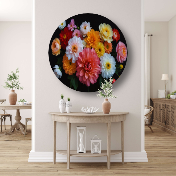 Diverse Kleurrijke Bloemen op Donkere Achtergrond aluminium muurcirkel