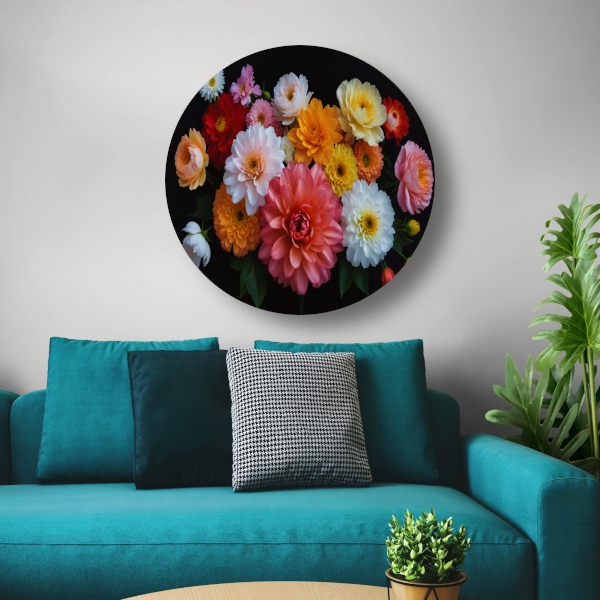 Diverse Kleurrijke Bloemen op Donkere Achtergrond aluminium muurcirkel