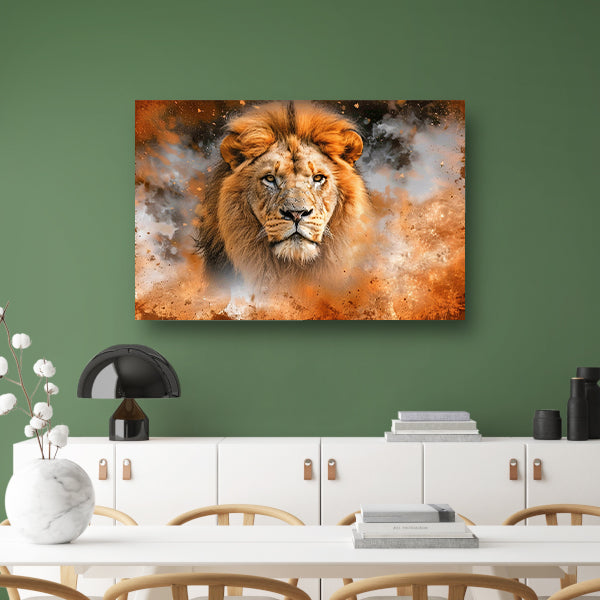 Leeuw in vurige storm kunstwerk poster