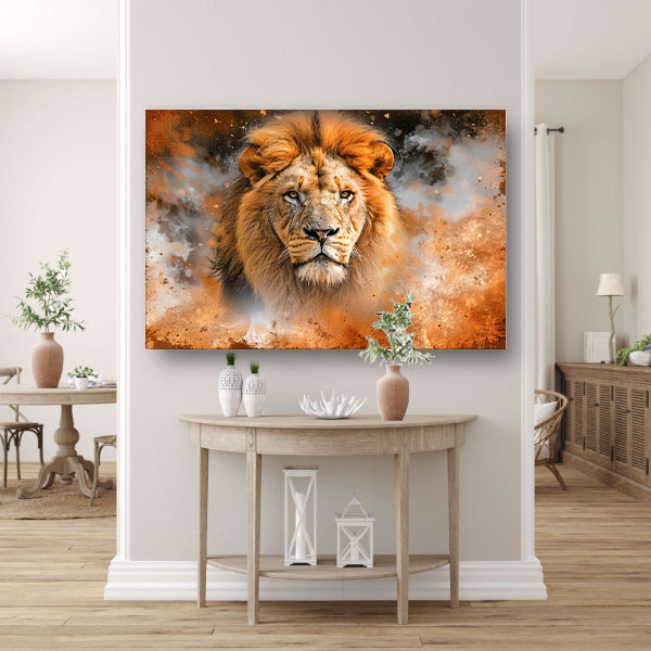 Leeuw in vurige storm kunstwerk canvas
