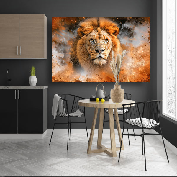 Leeuw in vurige storm kunstwerk poster
