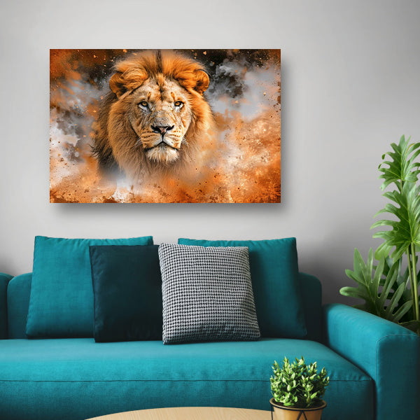 Leeuw in vurige storm kunstwerk poster