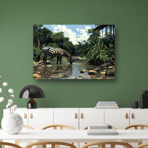 Zebra aan waterpoel in jungle canvas