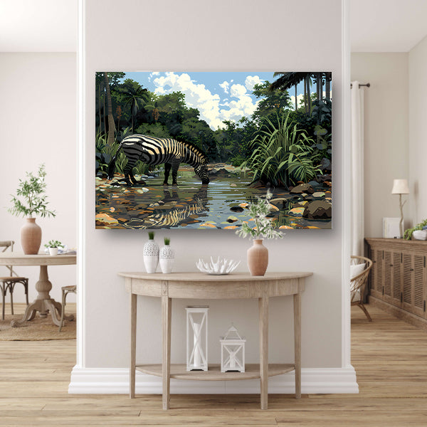 Zebra aan waterpoel in jungle canvas