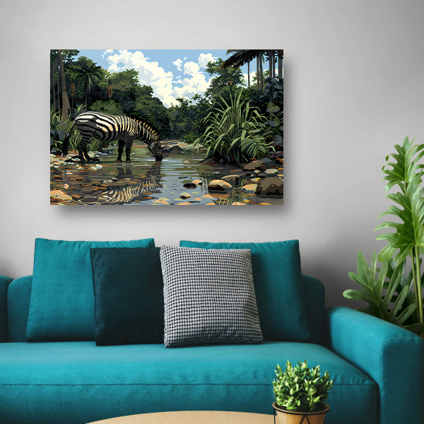 Zebra aan waterpoel in jungle canvas