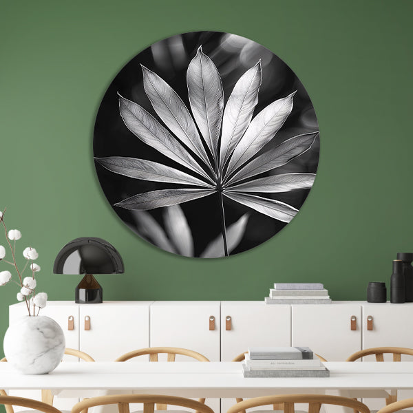 Zwart-Wit Minimalistisch Blad in Licht aluminium muurcirkel