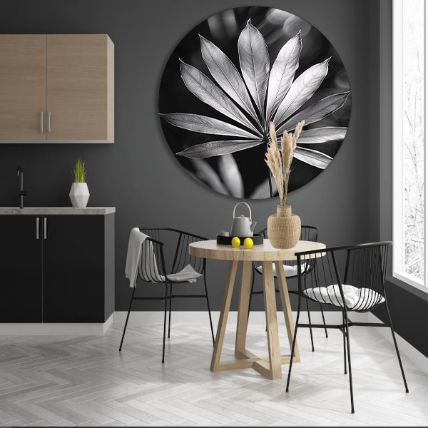 Zwart-Wit Minimalistisch Blad in Licht aluminium muurcirkel