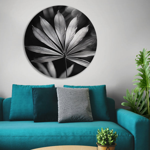 Zwart-Wit Minimalistisch Blad in Licht aluminium muurcirkel
