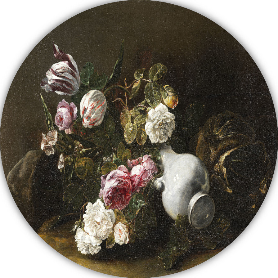 Stilleven met bloemen en een omgevallen kruik - Jan Fyt aluminium muurcirkel