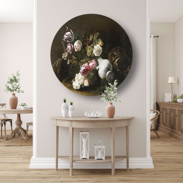 Stilleven met bloemen en een omgevallen kruik - Jan Fyt aluminium muurcirkel