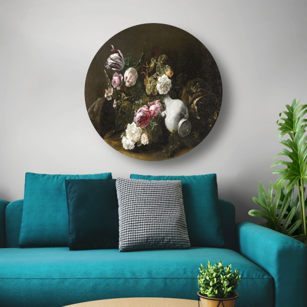 Stilleven met bloemen en een omgevallen kruik - Jan Fyt aluminium muurcirkel