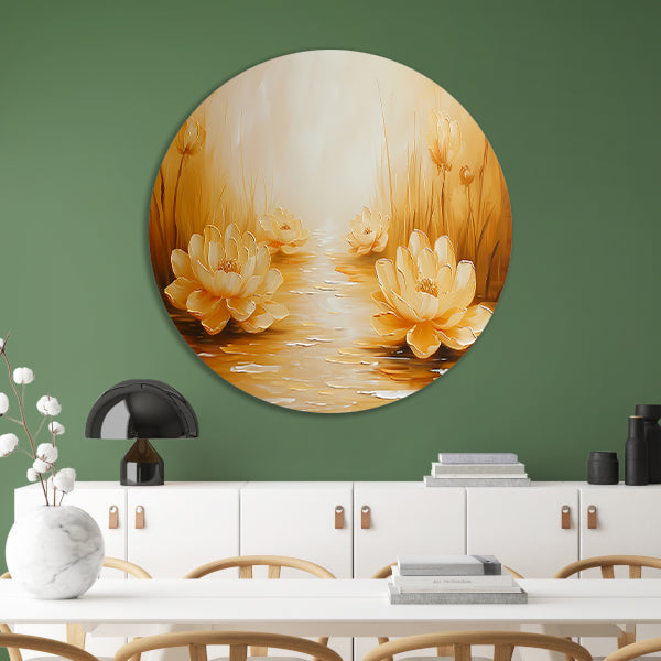 Gouden waterlelies in serene omgeving aluminium muurcirkel