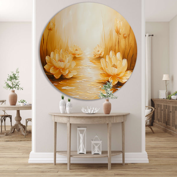 Gouden waterlelies in serene omgeving aluminium muurcirkel