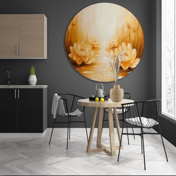 Gouden waterlelies in serene omgeving aluminium muurcirkel