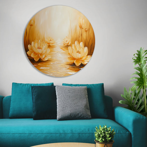 Gouden waterlelies in serene omgeving aluminium muurcirkel