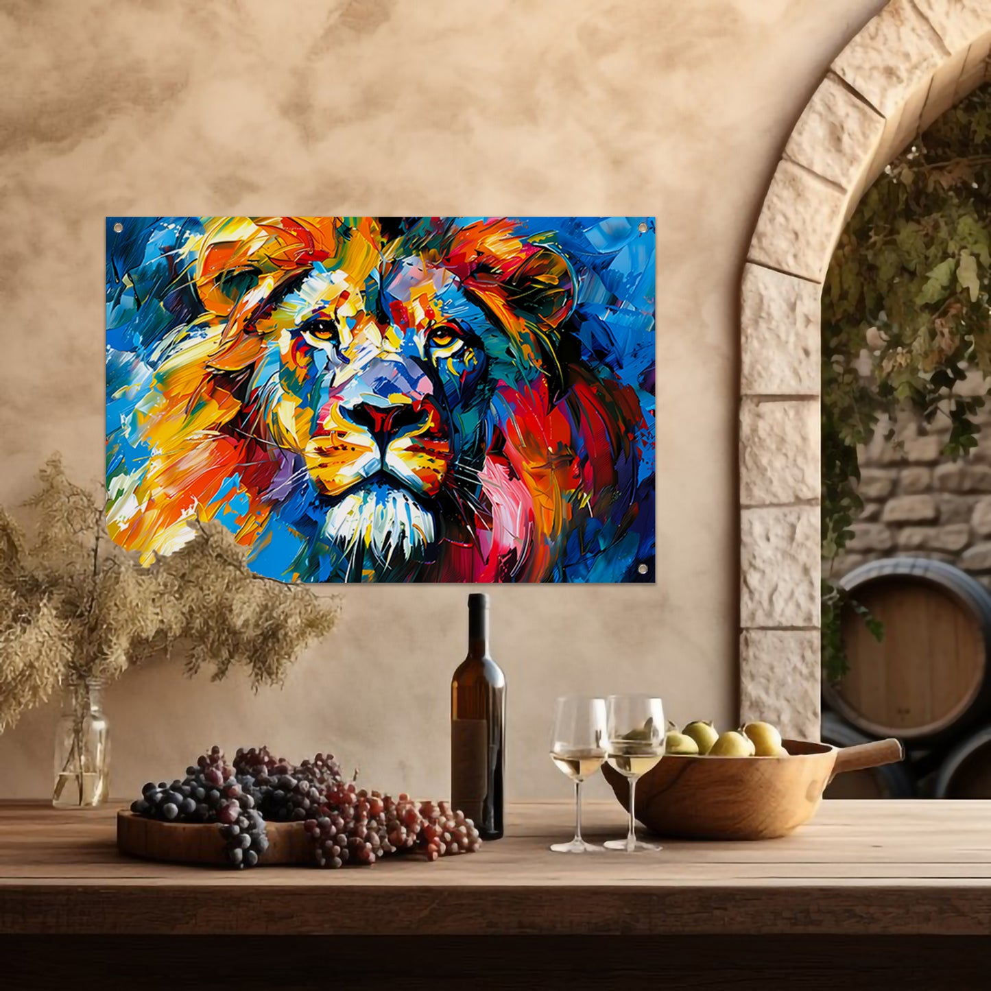 Kleurrijk abstract leeuw schilderij voor interieur tuinposter