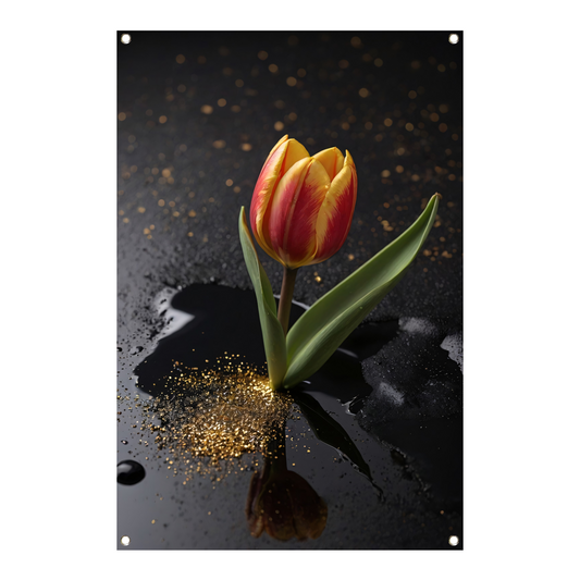 Tulp met Gouden Glitters op Zwarte Ondergrond tuinposter