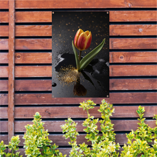 Tulp met Gouden Glitters op Zwarte Ondergrond tuinposter