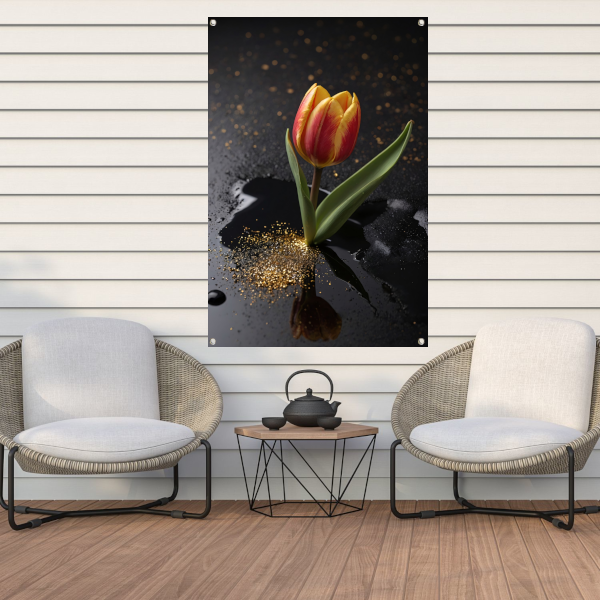 Tulp met Gouden Glitters op Zwarte Ondergrond tuinposter