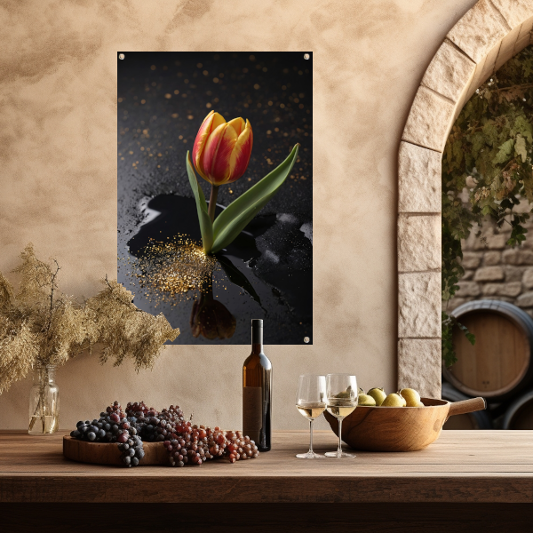 Tulp met Gouden Glitters op Zwarte Ondergrond tuinposter