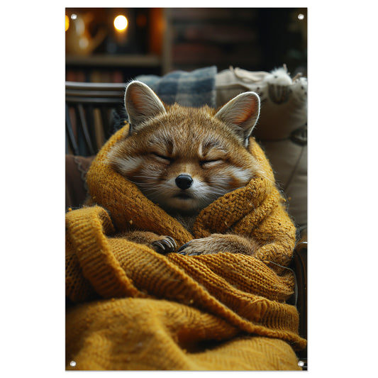 Vos knus in deken op stoel tuinposter
