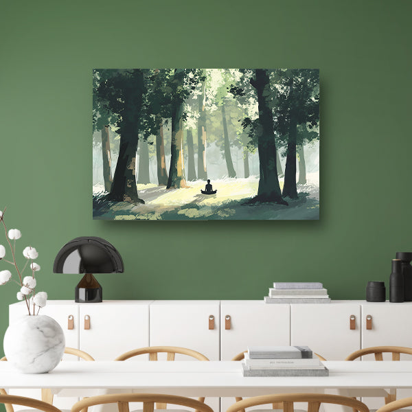 Meditatie in het bos bij zonsopgang poster