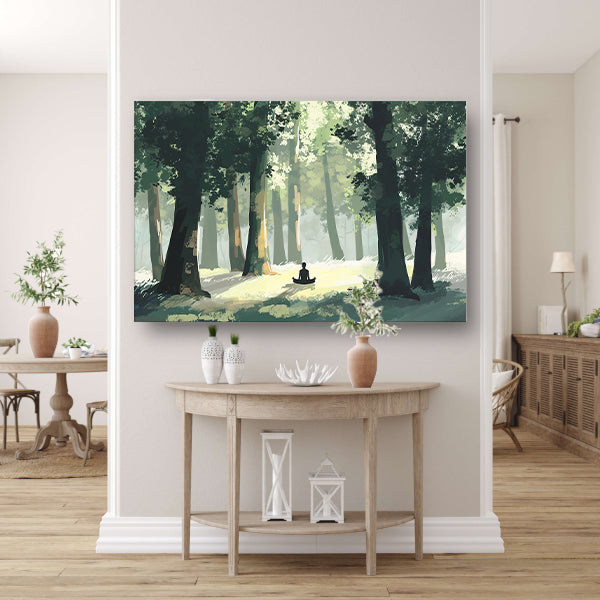 Meditatie in het bos bij zonsopgang poster