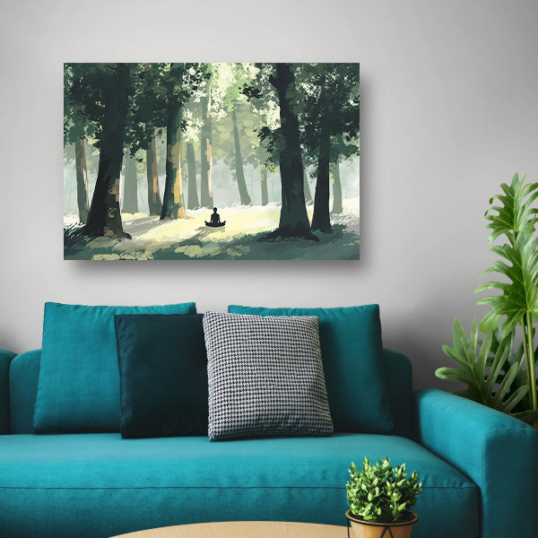 Meditatie in het bos bij zonsopgang poster
