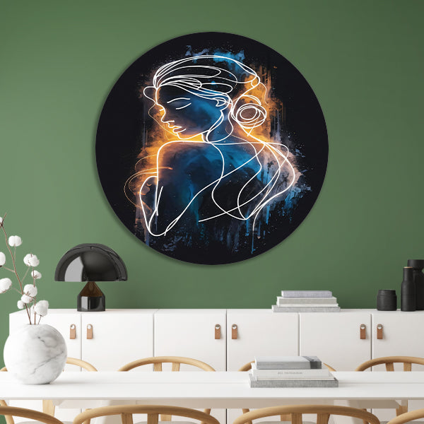 Abstracte Vrouwenfiguur in Lijnen en Kleur aluminium muurcirkel
